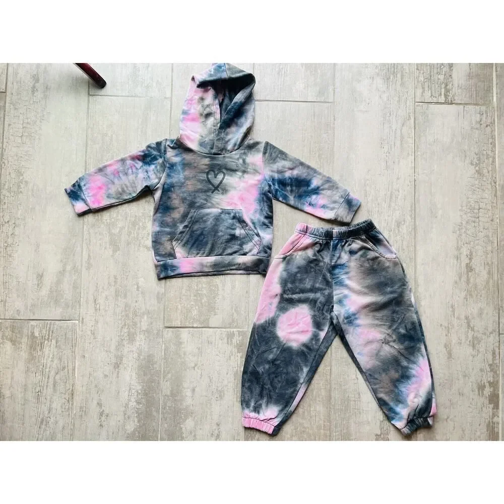 Toddler Girl Heart Tie Dye Hoodie & Jogger Pants Tracksuit 2 Piece Outfit Set 2T